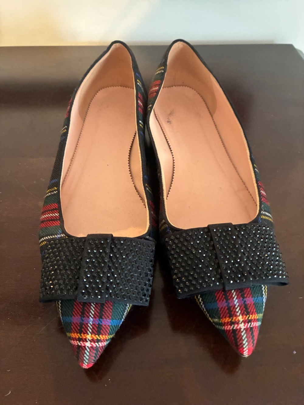 J crew Plaid Pointed Toe Flats with Black Bow